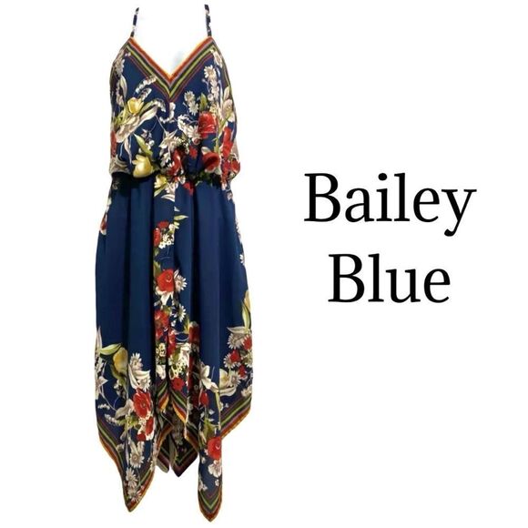 BAILEY BLUE Royal Blue Asymmetrical Handkerchief dress w/ Floral Design Sz S EUC - Picture 2 of 13